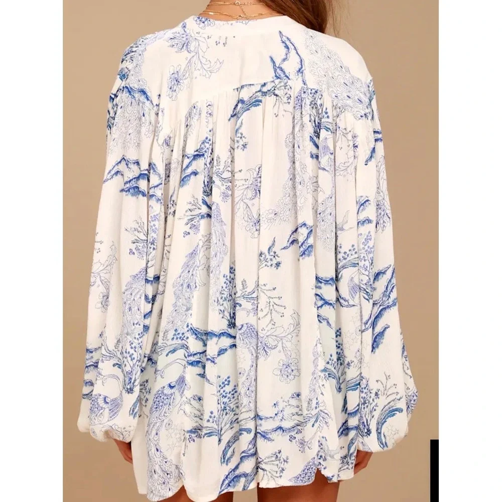 Free People Peacock Toile Print Tunic Top Blue Cream Oversized Blouse XS